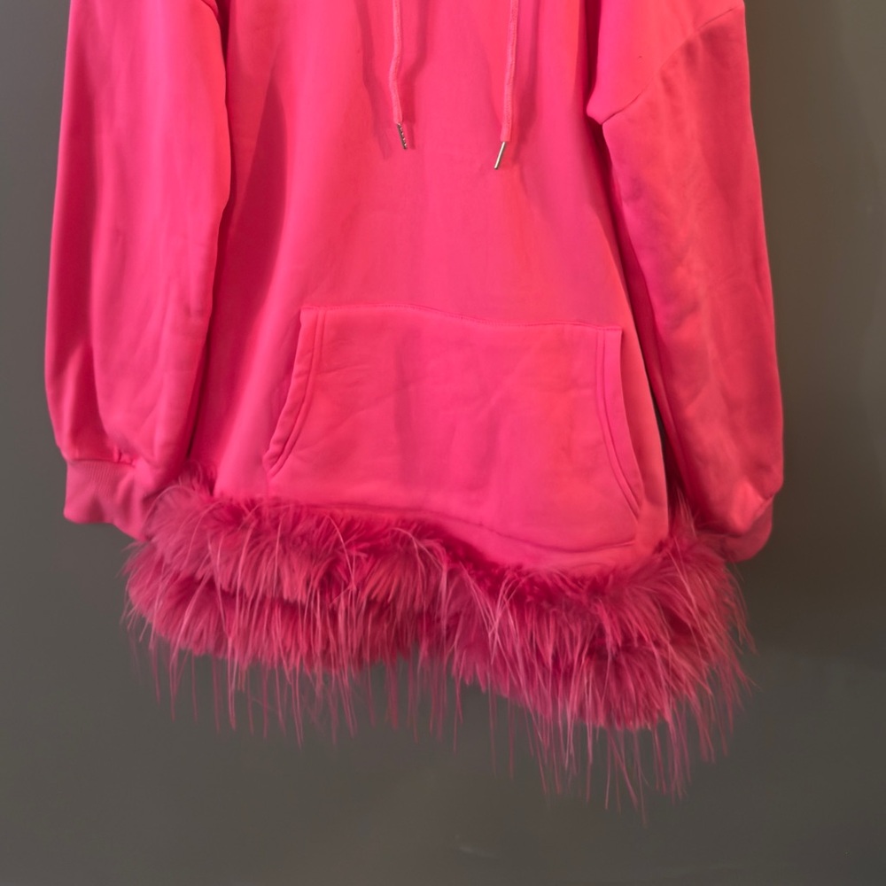 Pink Hoodie Fur Dress with Drawstring